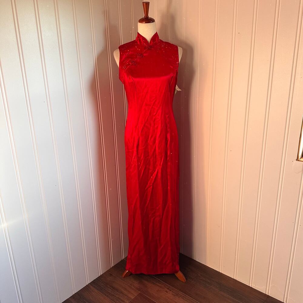 Vintage 90s Cheongsam Red Maxi Dress Junior 9/10